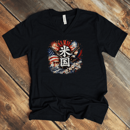 S American Spirit Japanese Kanji Patriotic V - Neck T-Shirt - Kanji Soul