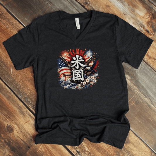 S American Spirit Japanese Kanji Patriotic V - Neck T-Shirt - Kanji Soul