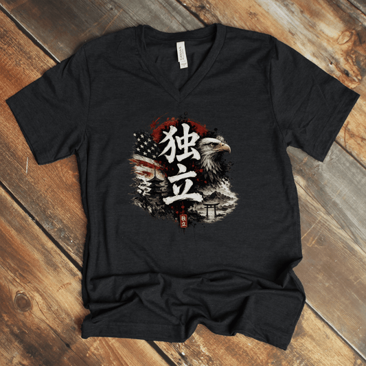 S Independence Japanese Kanji Patriotic V - Neck T-Shirt - Kanji Soul