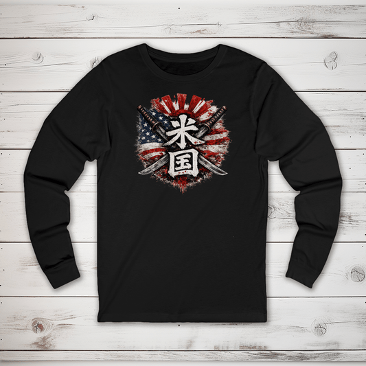 S Stars and Stripes Japanese Kanji Patriotic Long Sleeve T-Shirt - Kanji Soul