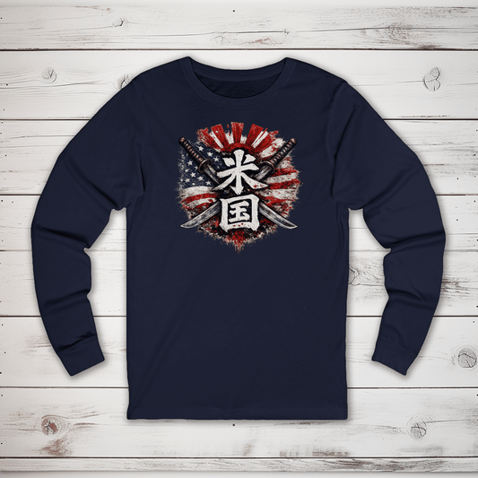 S Stars and Stripes Japanese Kanji Patriotic Long Sleeve T-Shirt - Kanji Soul